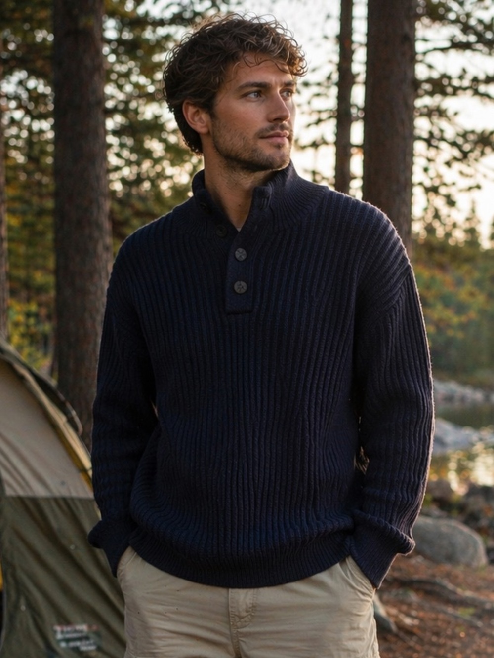 Vintage L.L. Bean 100% Cotton Rib-Knit Henley Sweater – Size L (Classic Navy)